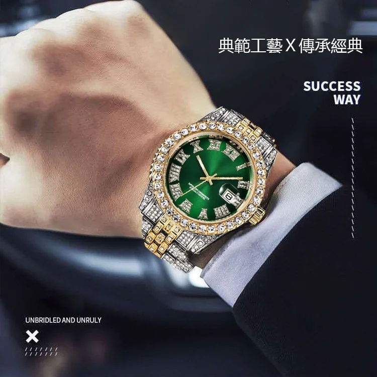 滿鉆日歷石英男表，原裝進口機芯，走時精準、性能穩定，水鉆裝潢表盤，令人一見傾心，型男紳士出行的標配！